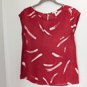 JOIE Pure Silk Short Sleeve Blouse with Pleat Detail Brick Red & White EUC